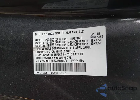 2018 Honda Odyssey Ex-L z USA, uszkodzony, nr VIN 5FNRL6H72JB094694